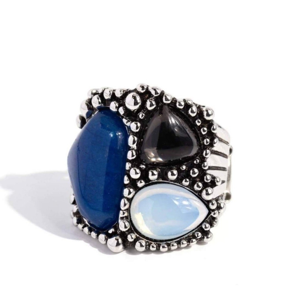 Natural Motley Blue Ring Paparazzi Silver with Blue, Black, and White Stones